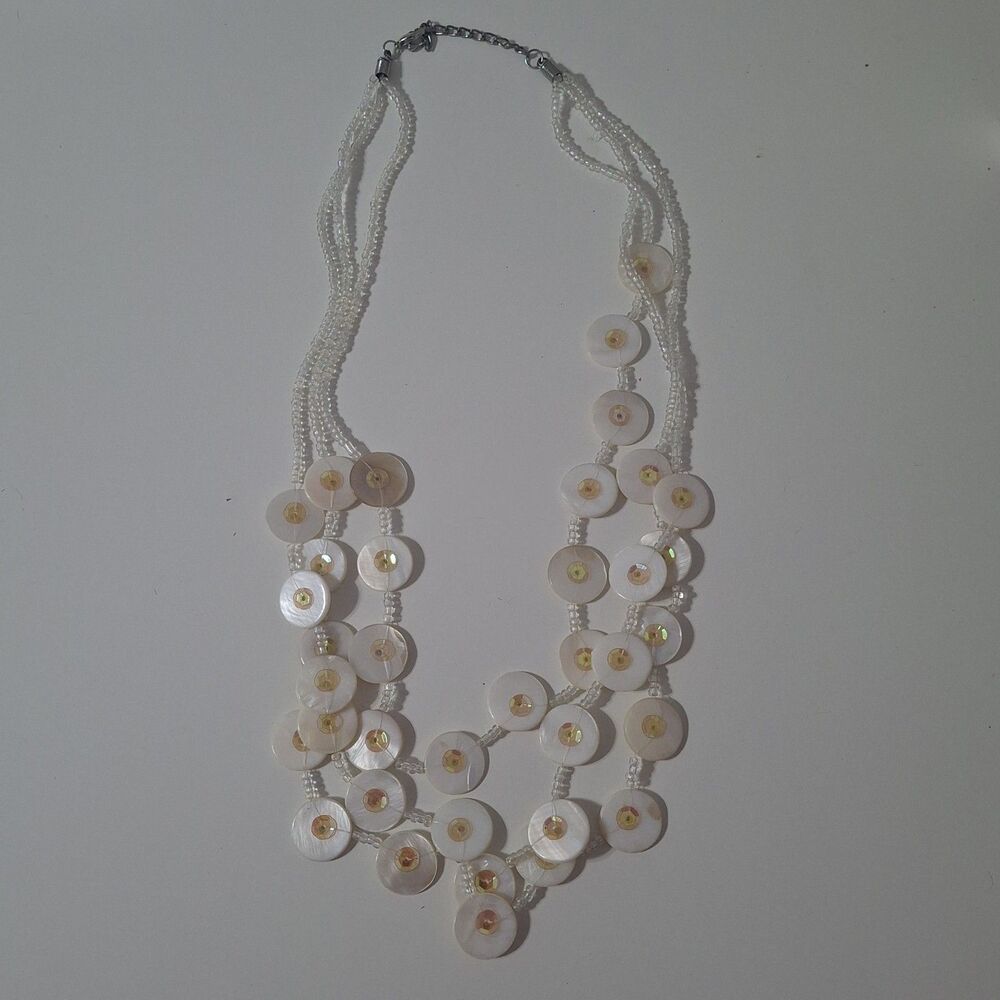 White Round Shell Sead Bead Iridescent Sequin Multi-Layered Layered Necklace